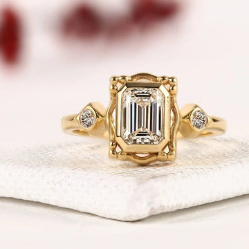 Bezel Setting Emerald Cut with Side Moissanite Diamond Engagement Ring