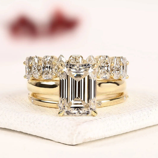 Emerald Cut Lab Grown Diamond Alternating Marquise & Cushion Bridal Ring Set