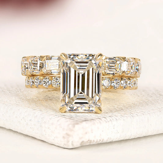 Emerald Cut Moissanite Diamond Bridal Ring Set with Pave Wedding Band