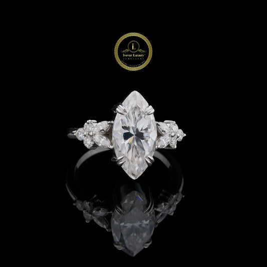 Classic 4.00 CT Marquise Cut Moissanite Ring with Floral Side Stones By Ivevar