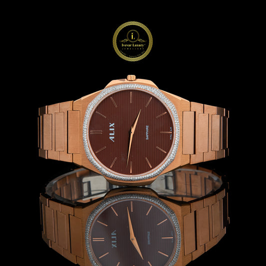Men's Rose Gold Watch with Brown Dial and Diamond Bezel