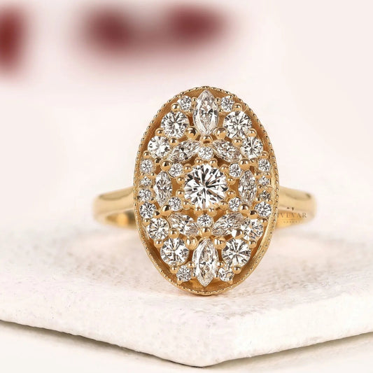 Vintage Oval Moissanite Diamond Floral Cluster Engagement Ring