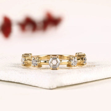 Hexagon Cut Round Accent Moissanite Diamond Wedding Ring