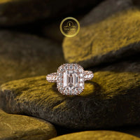 Elegant 2.5 CT Emerald Cut Halo Moissanite Diamond Ring in Rose Gold By Ivevar