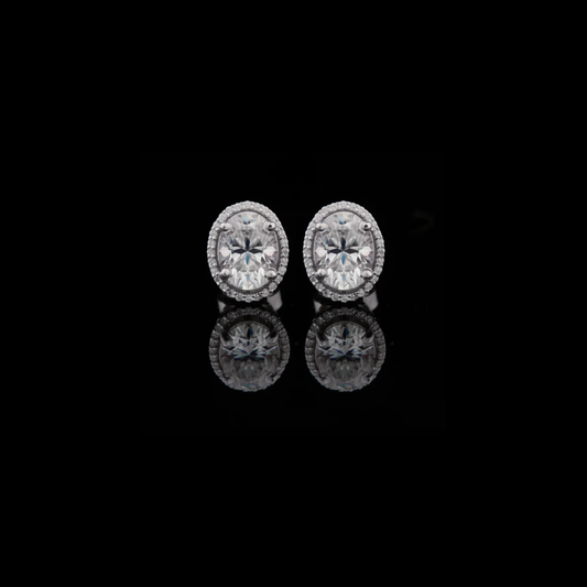 3.00 CT Classic Oval Cut Moissanite Diamond Stud Earrings with Sparkling Halo Setting in Polished White Gold