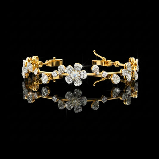 1.34 CT Floral Diamond Bracelet in Moissanite Diamond with Clustered Petal Baguette & Round Cut Accents Design