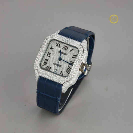 Daring & Refined - Custom Moissanite Diamond Watch with Contrast Blue Rubber Strap