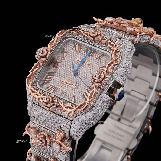 Vvs Lab Grown Moissnite Diamond With Antique Style Gold And Silver Color Built With Case Dial Black Roman Watch by Ivevar