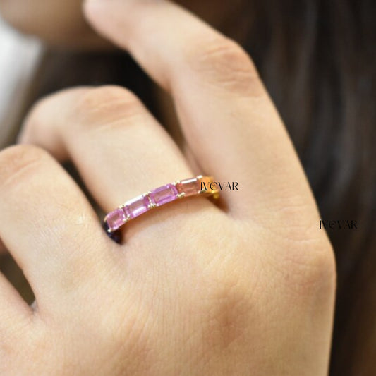 Ivevar Rainbow sapphire octagon cut 4-5 ct tw custom eternity band ring in 14k 18k gold | natural multi sapphire pink sapphire rainbow ring gold