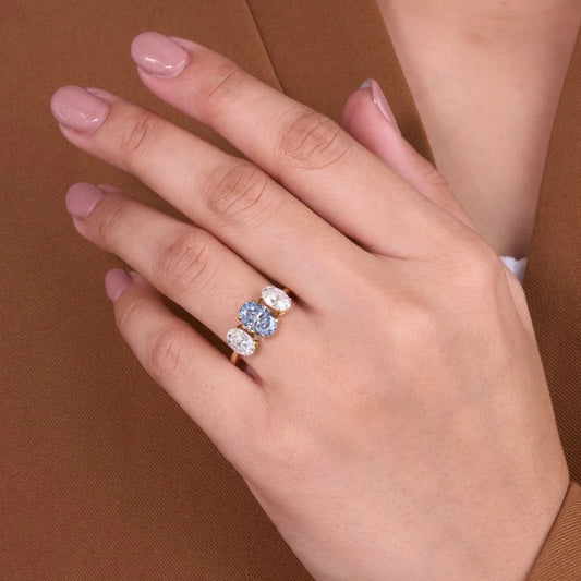 Oval Three Stone Blue And White Lab Diamond Ring - view 2