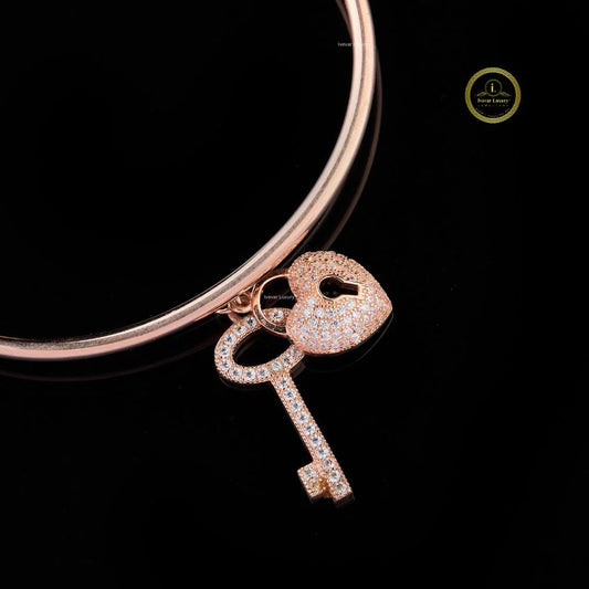 Modern Rose Gold Moissanite Diamond Open Bracelet with Heart Lock & Key – Stylish Everyday By Ivevar