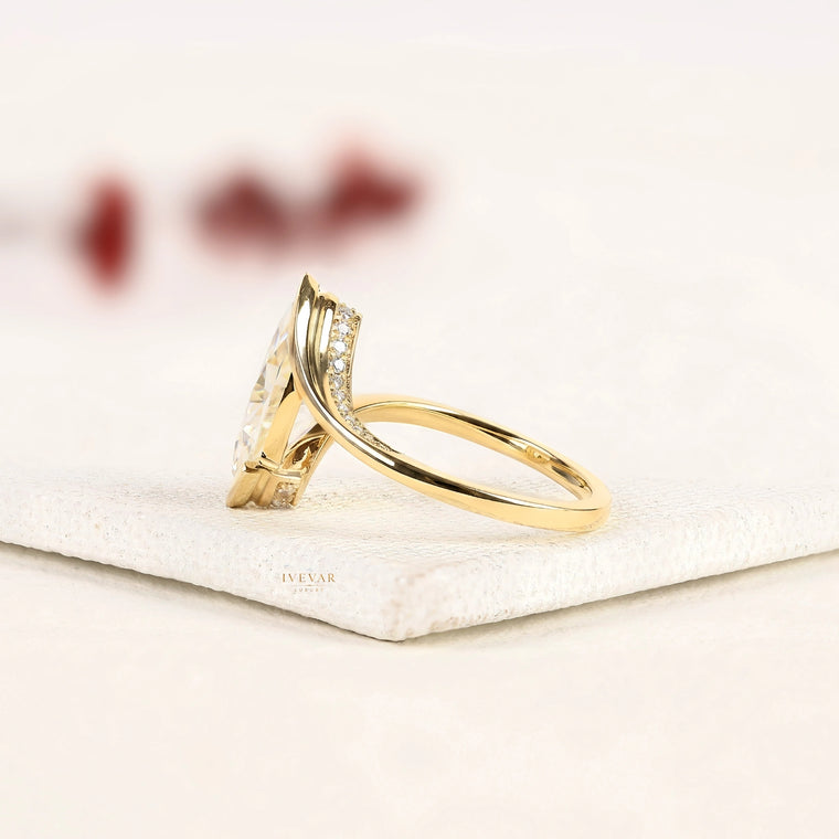 Marquise Cut Lab Diamond Bypass Ring with Pave Band - view 2