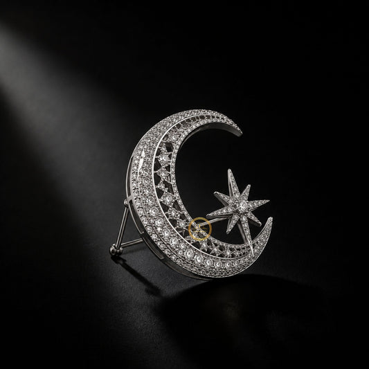 Luxury Crescent Moon & Star Crystal Brooch Celestial Statement Pin - view 2