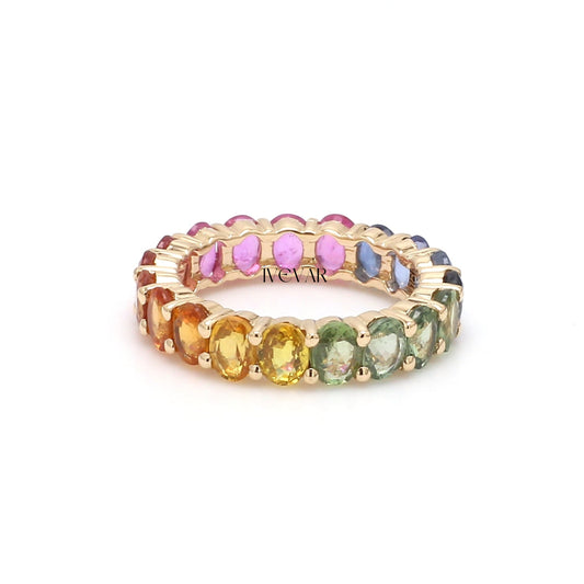 Ivevar Rainbow sapphire oval cut eternity band ring in 14k 18k gold | Natural multi sapphire pink sapphire gradient ombre ring rainbow ring gold