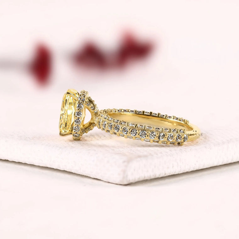Yellow Radiant Cut Hidden Halo with Pave Band Moissanite Ring - view 2