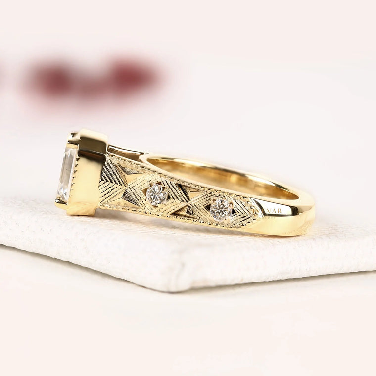 Vintage Asscher Cut Milgrain Engraved Lab Diamond Ring - view 2