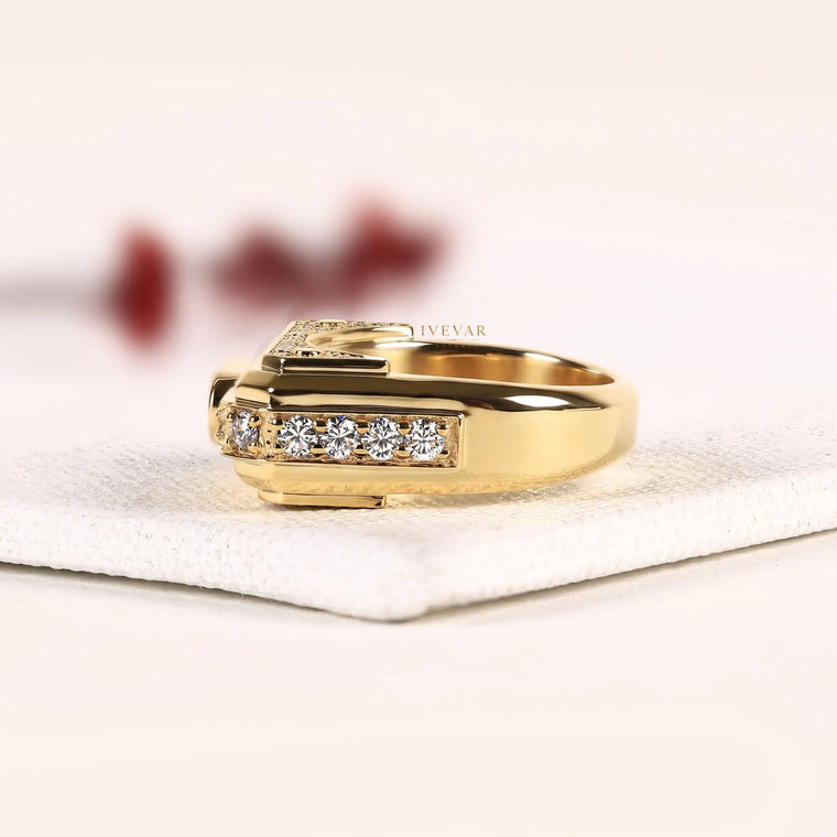 East-West Baguette Cut Lab Diamond Gold Signet Ring - view 2