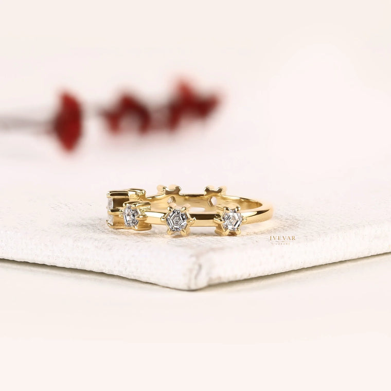 Hexagon Cut Round Accent Lab Diamond Wedding Ring - view 2