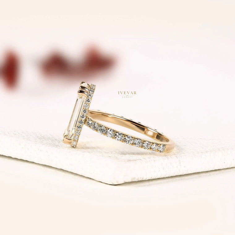Emerald Portrait Cut Hidden Halo Moissanite Pave Ring - view 2
