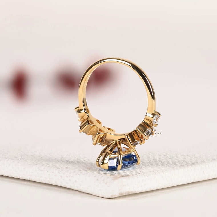 Sapphire Teardrop Lab Diamond Cluster Engagement Ring - view 2