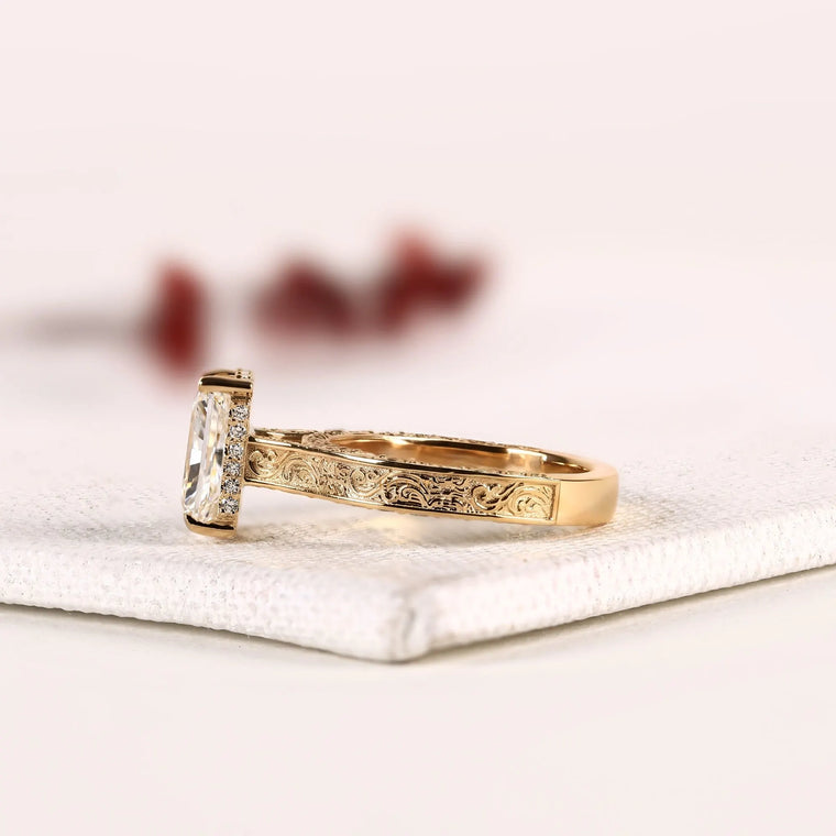 Art Deco Milgrain Radiant Cut Hidden Halo Moissanite Ring - view 2
