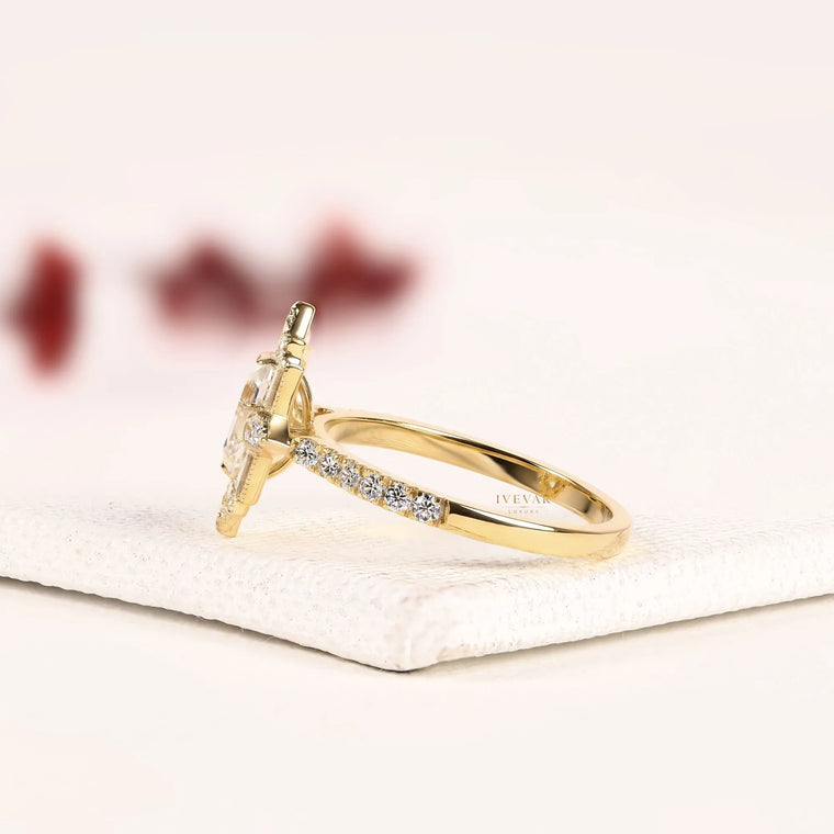 Emerald Cut Halo Baguette Lab Diamond Engagement Ring - view 2