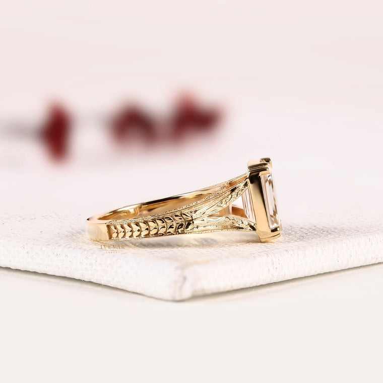Emerald Cut Vintage Engraved Ring - view 2