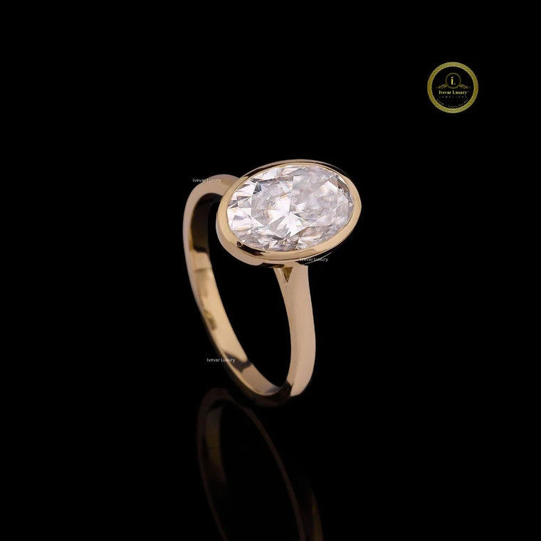 Bezel Set Elongated Oval Solitaire Engagement Ring - view 2