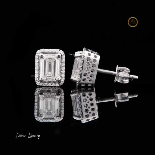 Emerald Cut D Color VVS Moissanite Diamond 925 Sterling Silver Stud Earrings by Ivevar