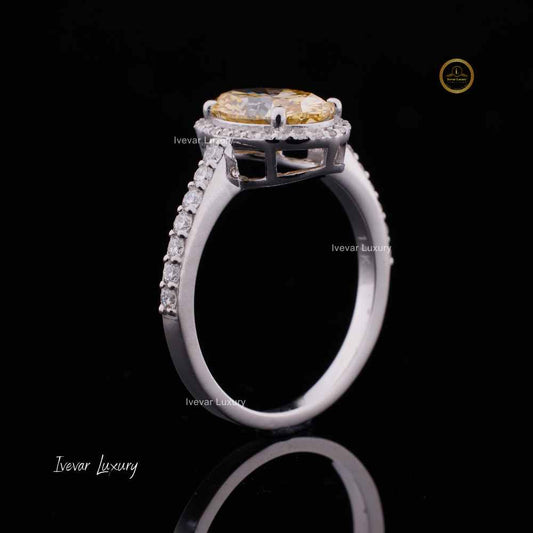 3CT Oval Cut Fancy Yellow Unique And Stunning 925 Sterling Silver Moissanite Diamond Solitaire Ring With Pave Setting With Enhanced VVS Clarity By Ivevar