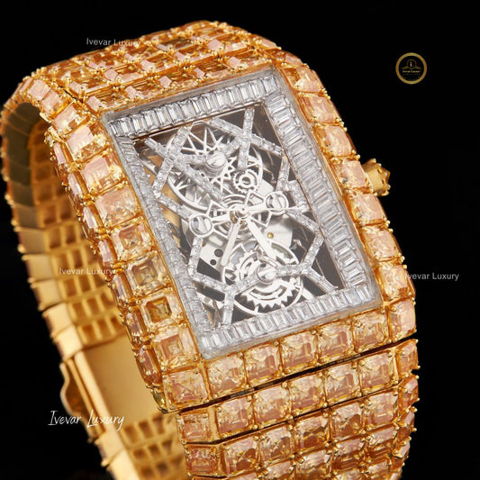 Exclusive Elegant Custom Iced Out Lab Grown Moissanite Diamond Watch For Men's Unique Yellow Color Diamond Watch Fashion by Ivevar