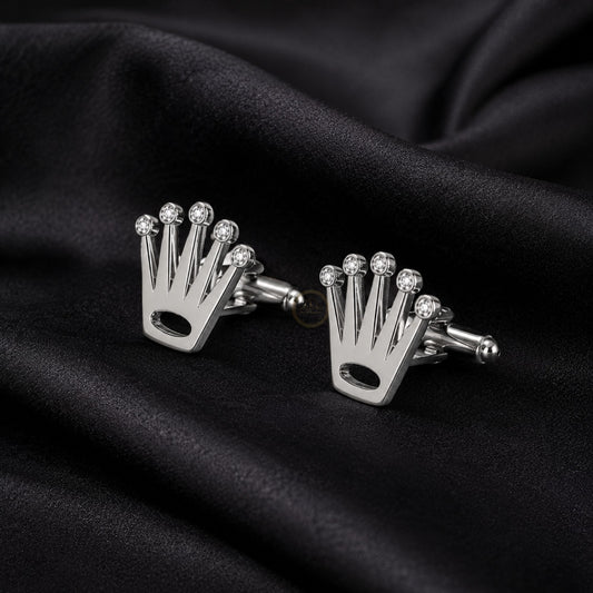 Luxury Crown-Inspired Silver Cufflinks with Crystal Accents - view 2
