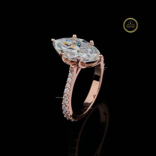 Marquise Cut Lab Diamond Pave Solitaire Ring - view 2
