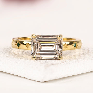 Emerald Cut Moissanite Diamond Engagement Ring with Celestial Star Engraved Band Elegance