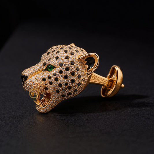 Luxury Leopard Head Cufflinks with Green Eyes & Pave Stones - view 3