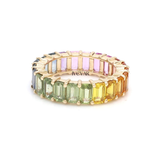 Ivevar Rainbow sapphire octagon cut eternity band ring in 14k 18k gold | Natural 7-8 ct 5x3mm multi sapphire pink sapphire ombre rainbow ring gold