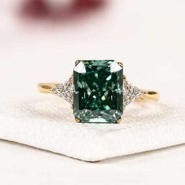 Radiant Green Cut Moissanite Diamond Three Stone Engagement Ring