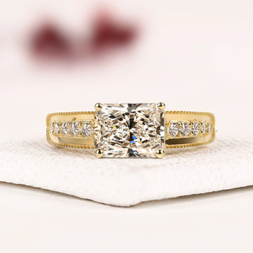 Radiant Cut Moissanite Solitaire Engagement Ring with Split Shank Diamond Band