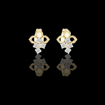 0.082 TCW Elowen Clover Moissanite Round Diamond Drop Gold Stud Earrings with Petite Floral Design
