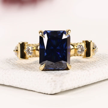 Radiant Cut Blue Sapphire Lab Grown Diamond Engagement Ring with Diamond Accent Bar Band