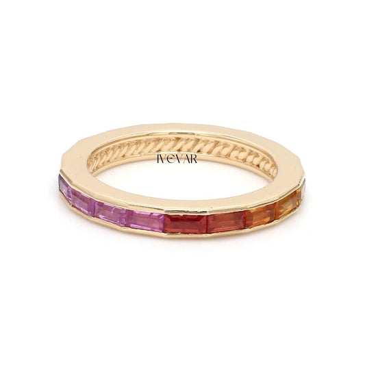 Ivevar Rainbow sapphire multi sapphire channel set baguette eternity band ring in 14k 18k gold | Natural 3 ct 4x2mm pink sapphire rainbow ring gold