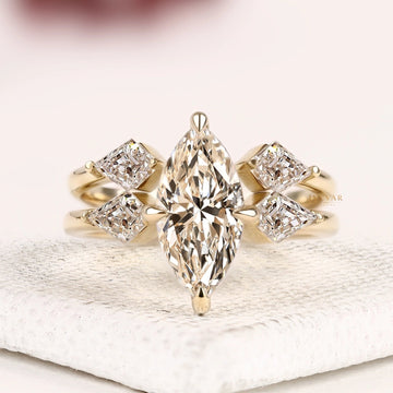 Marquise Cut Side Moissanite Bridal Set Ring With Open Gap Band