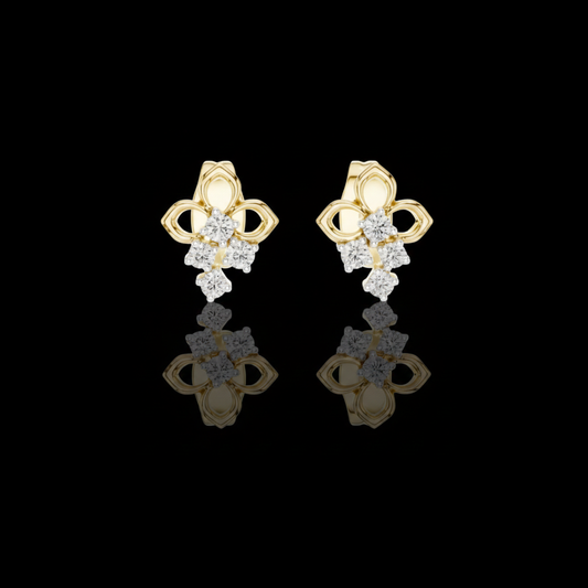 0.082 TCW Elowen Clover Lab Round Diamond Drop Gold Stud Earrings with Petite Floral Design