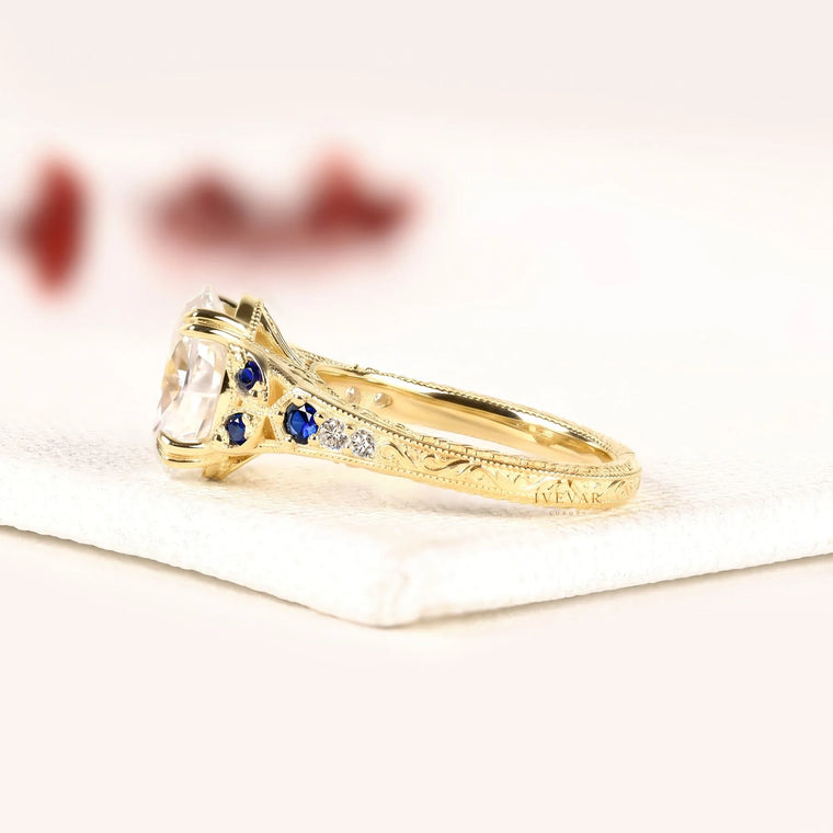 Vintage Oval Cut Lab Diamond Sapphire Engagement Ring - view 2