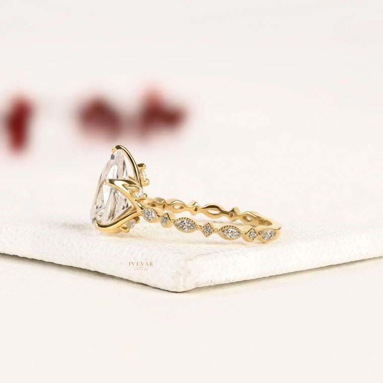 Pear Cut Lab Diamond Ring with Marquise Side Stones - view 2