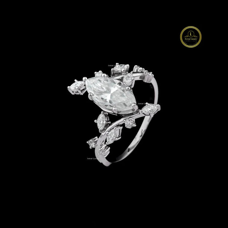 Marquise Lab Diamond Leaf Vine Engagement Ring - view 2