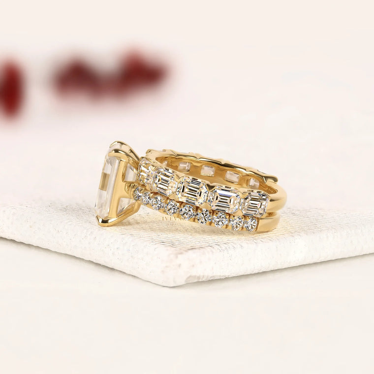 Emerald Cut Moissanite Bridal Ring Set with Pave Wedding Band - view 2
