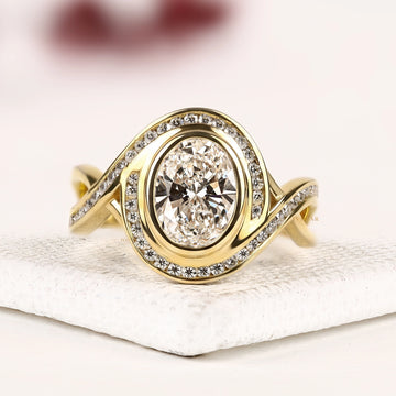 Oval Cut Bezel Halo Moissanite Diamond Engagement Ring with Twisted Pave Band