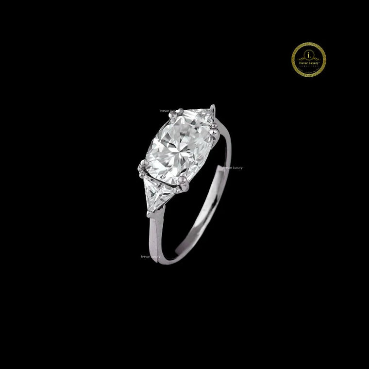 Cushion Cut Three Stone Moissanite Ring With Trillion Sides Stone - view 2