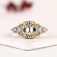 Cushion Cut Three Stone Moissanite Diamond Engagement Ring with Pear Side Stones